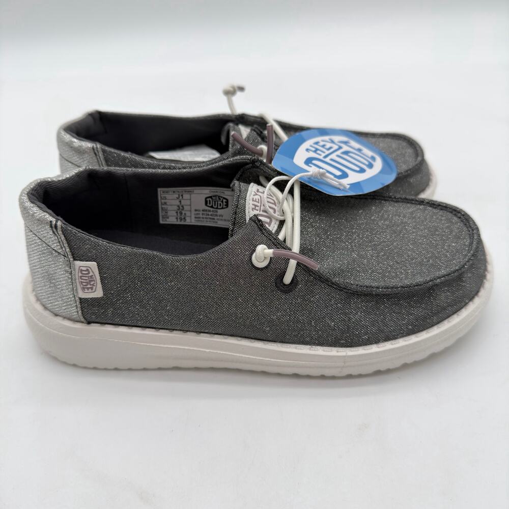 HEY DUDE Wendy Metallic Sparkle Slip On Casual Comfort Shoe Charcoal Girls 1